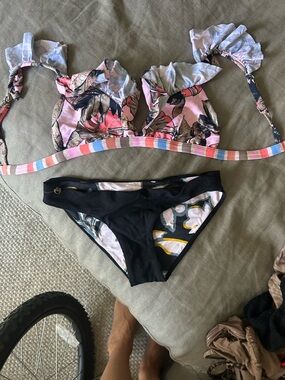 Maaji Pink Floral Ruffle Bikini Top with Black Floral Bottom